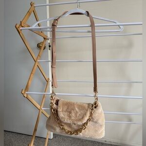 Elegant Tan Faux Fur Shoulder Bag with Gold Chain